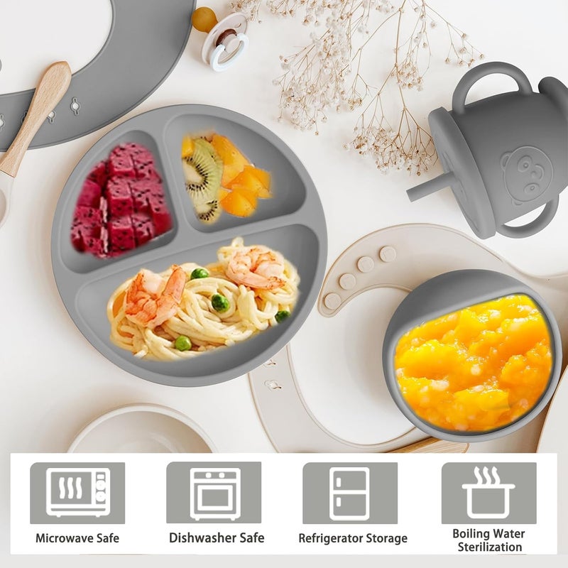 Munlinder Silicone Baby Feeding Set | Baby Led Weaning Supplies Includes Suction Bowls and Divided Plates, Adjustable Bib, Baby Utensils Spoons and Forks,Cup | Baby Feeding Essentials (Grey) - Image 4